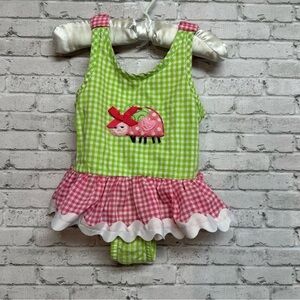 Mudpie Baby Gingham Ladybug Swimsuit Size 9-12 Month Green Pink 1-Piece